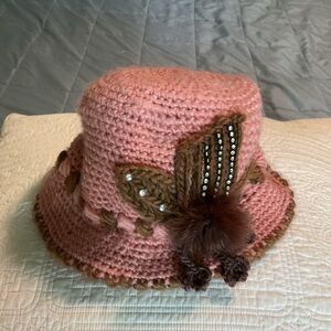 Pink Crochet Hat with Brown Accents